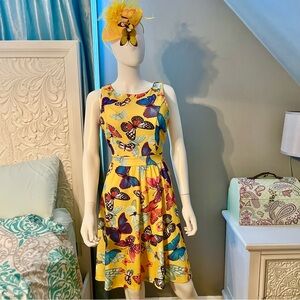 Yellow Butterfly Print Dress with matching fascinator